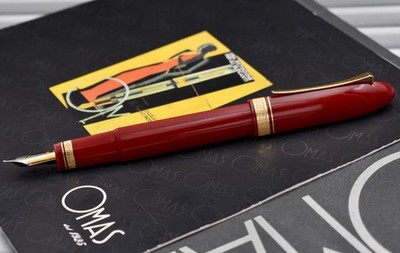 OMAS 360 Cranberry Red Fountain Pen w/ Yellow Gold Filled Finish, 18k-750 M Nib