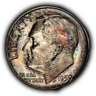 1959 10c Silver Roosevelt Dime - PQ Textile Rainbow Toning - BU - SKU-Z6366