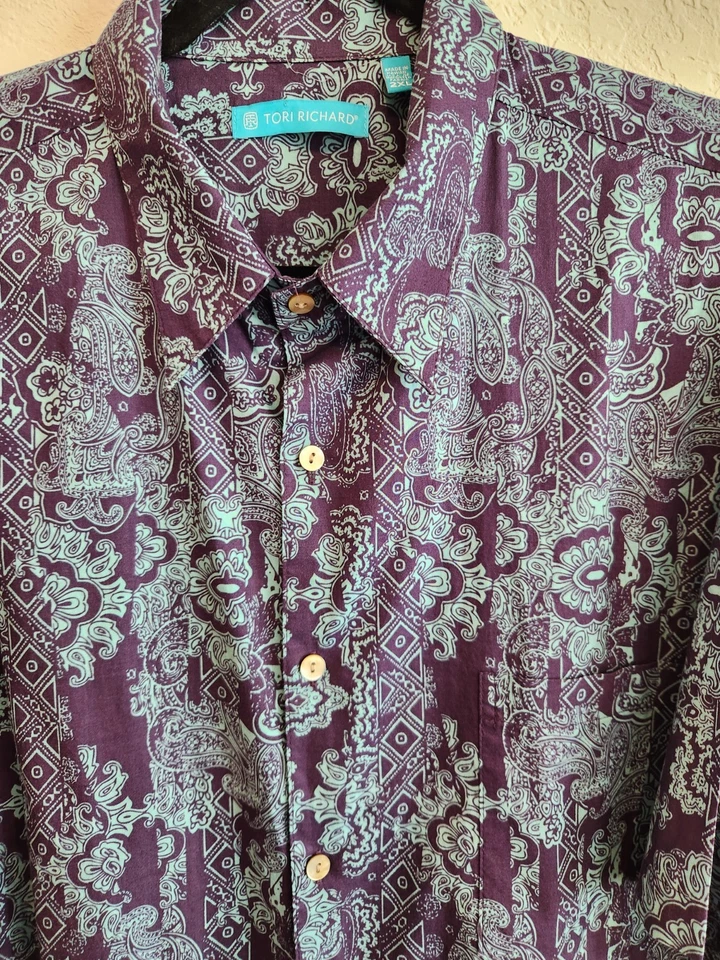 💜 Tori Richard Men’s 2XL Hawaiian Shirt Purple Aqua Paisley 100% Cotton Lawn... - Image 2 of 4