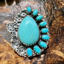 925 Sterling Silver Kingman Turquoise Cluster Statement Ring  Southwestern