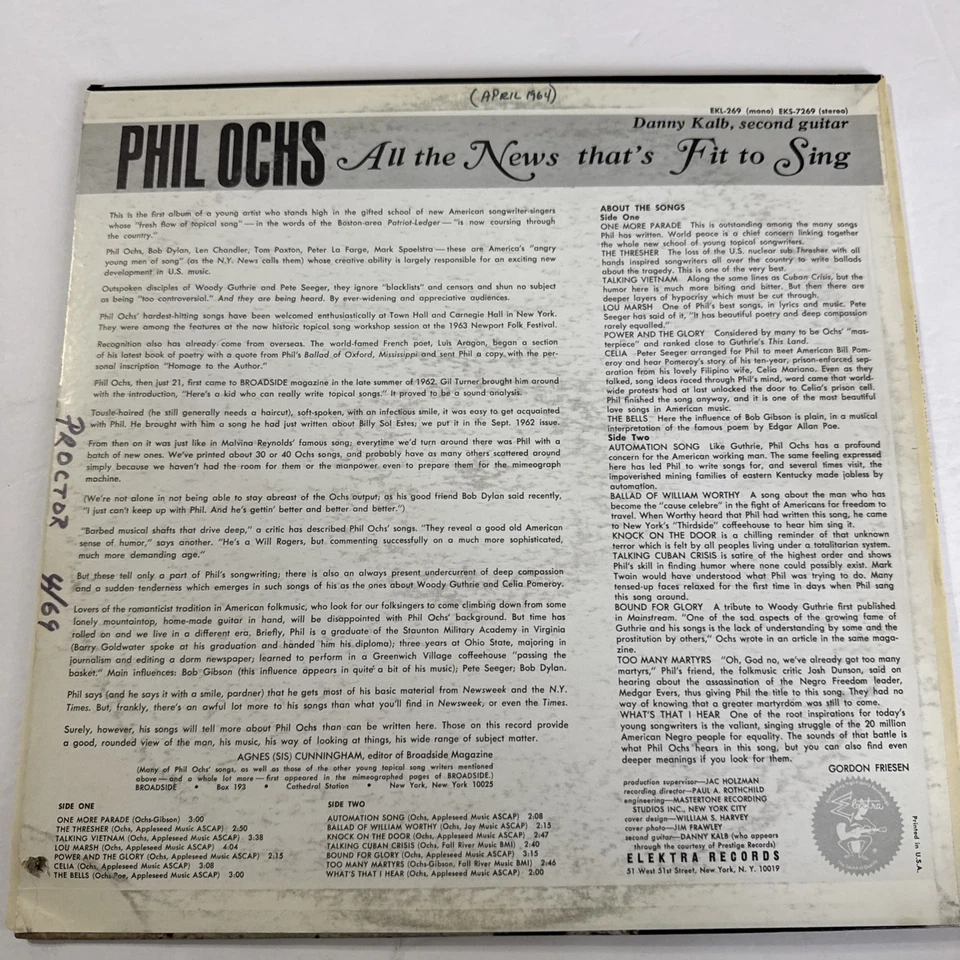 Phil Ochs-All The News Thats Fit To Sing Vinyl LP Elektra protest folk 1st album - Image 2 of 4