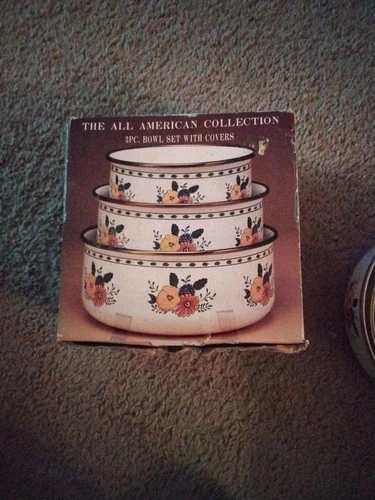All American Vintage Nesting Bowl Set 3 Enamel Bowl Set White 3383 NOS