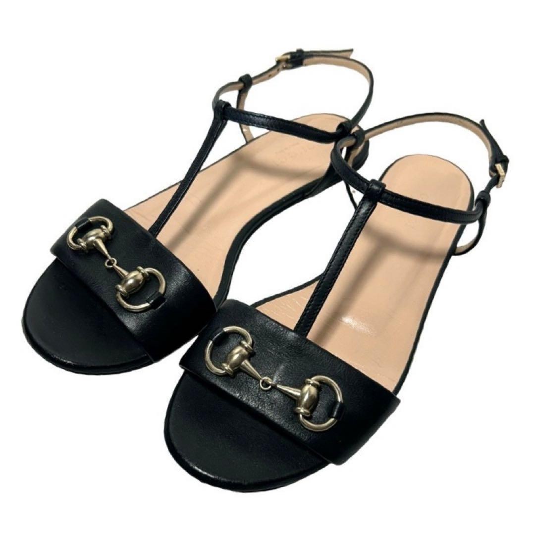 Rare GUCCI Horsebit T-Strap Sandals Black Leather Women's Size 37 US 7 - Elegant