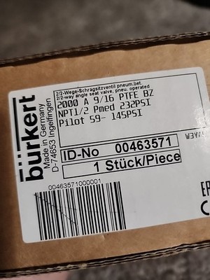 Burkert 00463571 Piston Valve 2 WAY A 9/16 PTFE BZ NPT 1/2 PILOT 59-145 PSI 50mm
