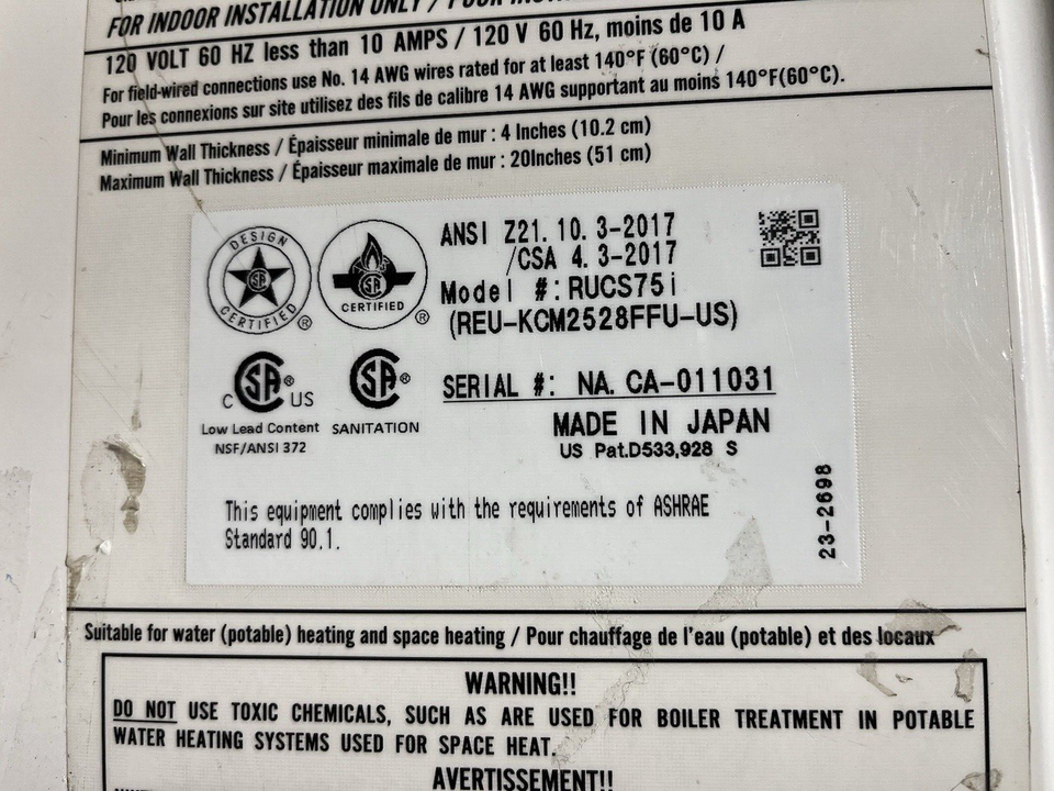 Rinnai RUCS75iN Indoor Tankless Water Heater Natural Gas 160K BTU (C10