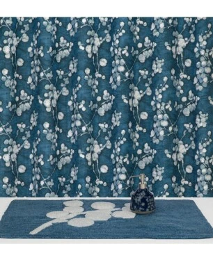 CREATIVE BATH INDIGO BLOSSOMS BLUE 72 INCH SHOWER CURTAIN AND MATCHING BATH RUG - Image 1 of 4