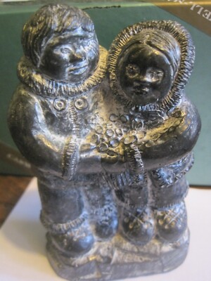 Wolf ORIGINAL Soapstone Sculpture Inuit Carving Of 2 Eskimos MADE