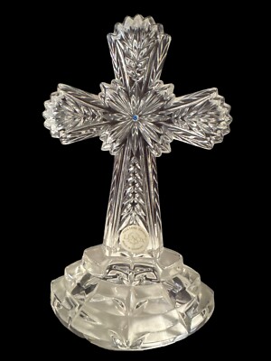 Vtg Lenox Full Lead Crystal Glass Cross Statue Sapphire Rhinestone Religious 8 