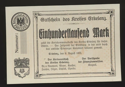 ERKELENZ 100.000 Mark 9.8.1923 Muster / Probe ohne Nummer ohne KZ ( 1051 J - Bild 1 von 2