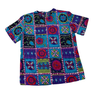Vintage Notations Blue Floral Short Sleeve Blouse Top -Size S/P Shoulder Pad USA