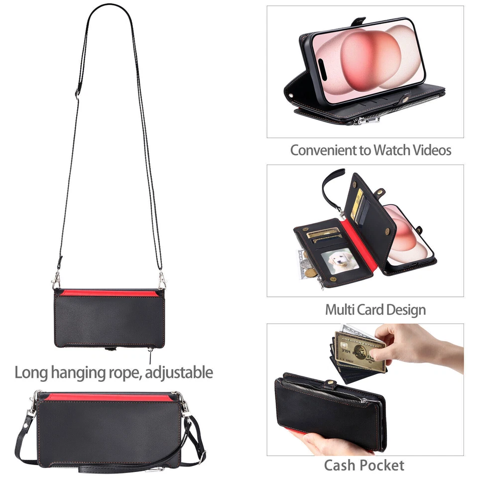 Кожаный чехол-бумажник на молнии через плечо для LG V30 Q60 K50 K40 G6 - Изображение 3 из 4