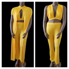 3-Pc Plunge Sleeveless Crop Top Tapered Pantsuit Cape Jacket Women XL Yellow NEW