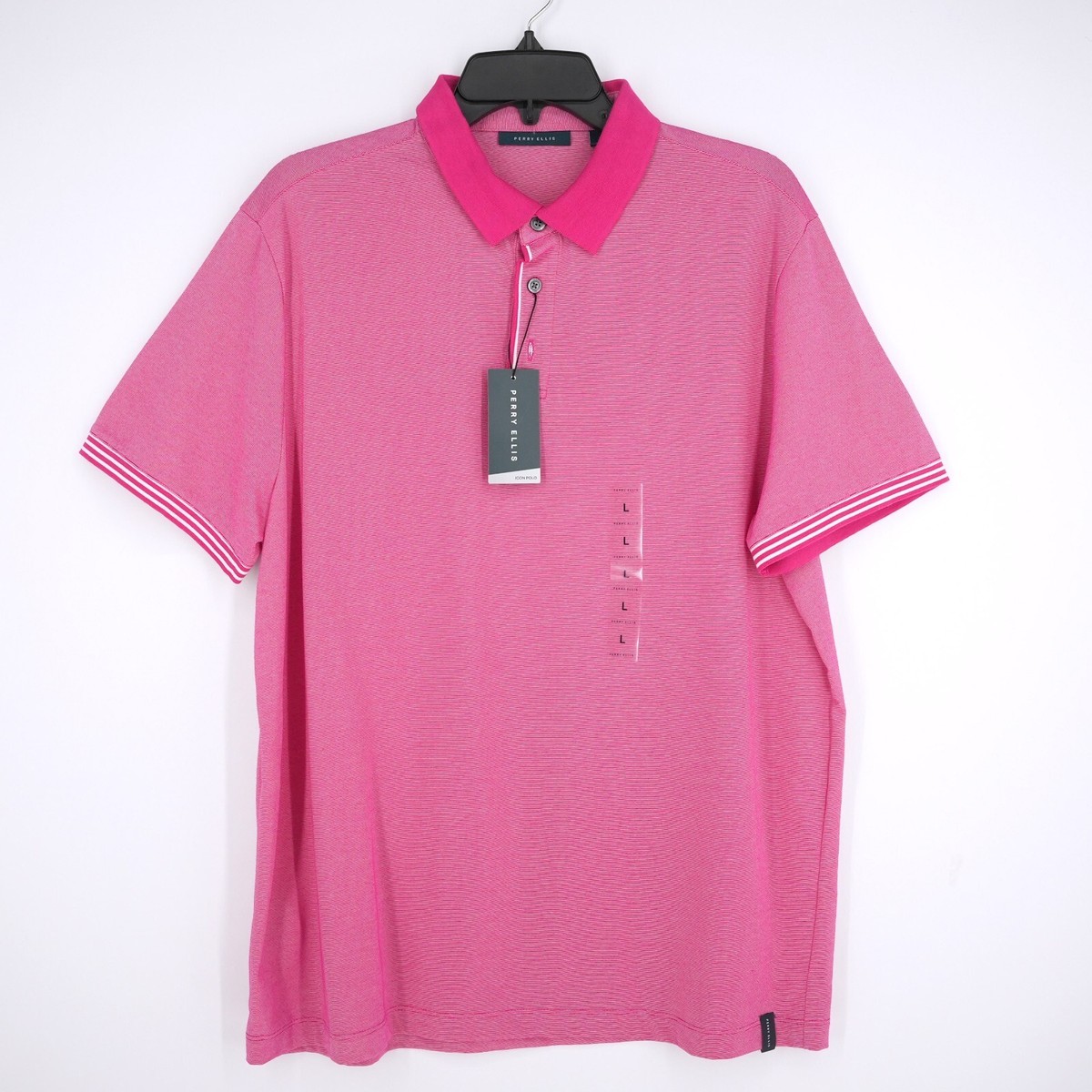 Perry Ellis Men's Polo Shirt L Large Pink Thin Stripe Contrast Collar NWT 