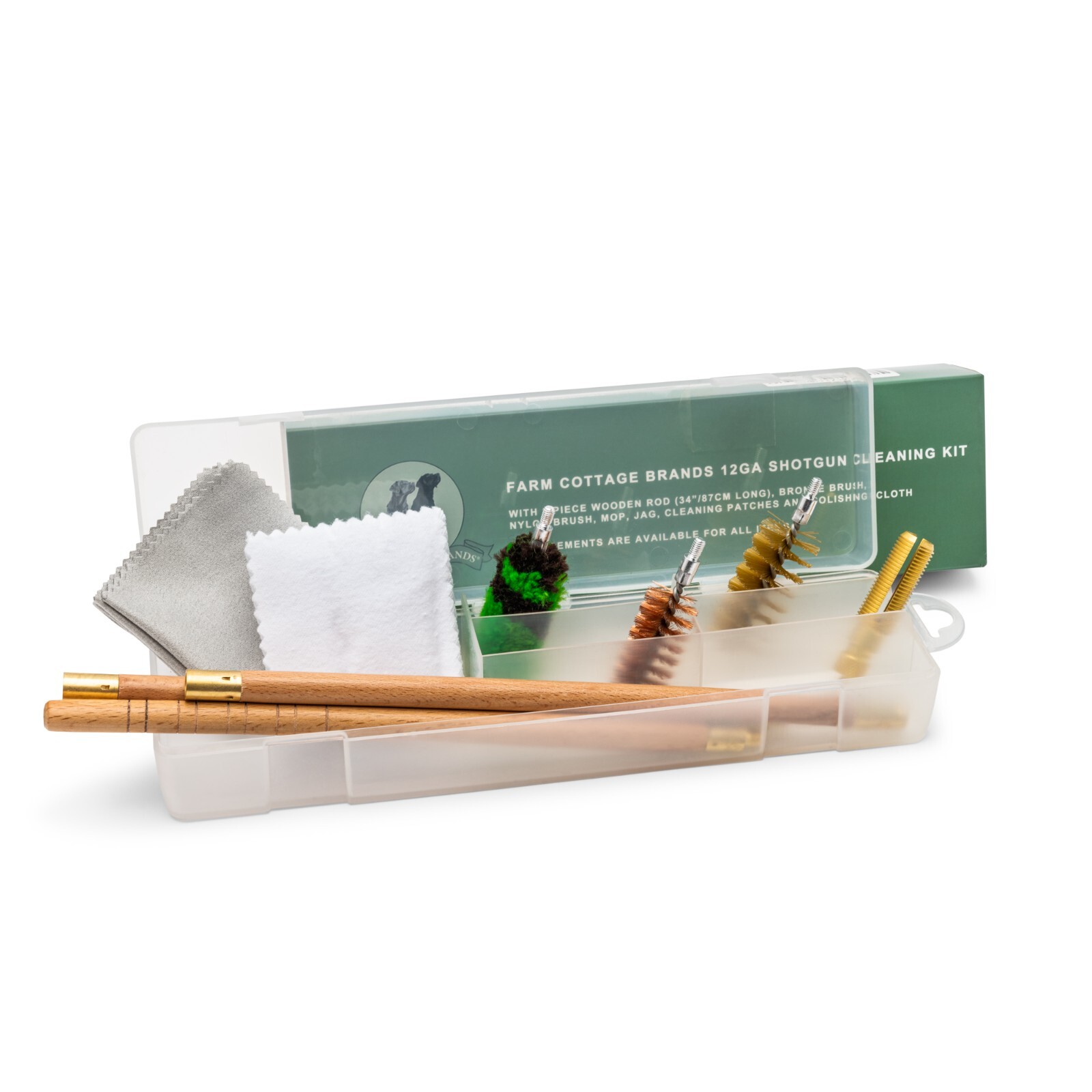 12ga Shotgun Cleaning Kit Boxed - wooden rod, patches, jag, brushes mop, cloth