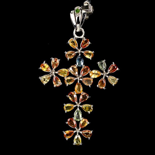 925 Sterling Silver Pendant Pear Sapphire Chrome Diopside Gemstone Cross Jewelry - Picture 2 of 9