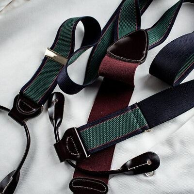 #ad TRAFALGAR New Green Burgundy Blue Striped Leather Fabric Button Loops Suspenders $200.00