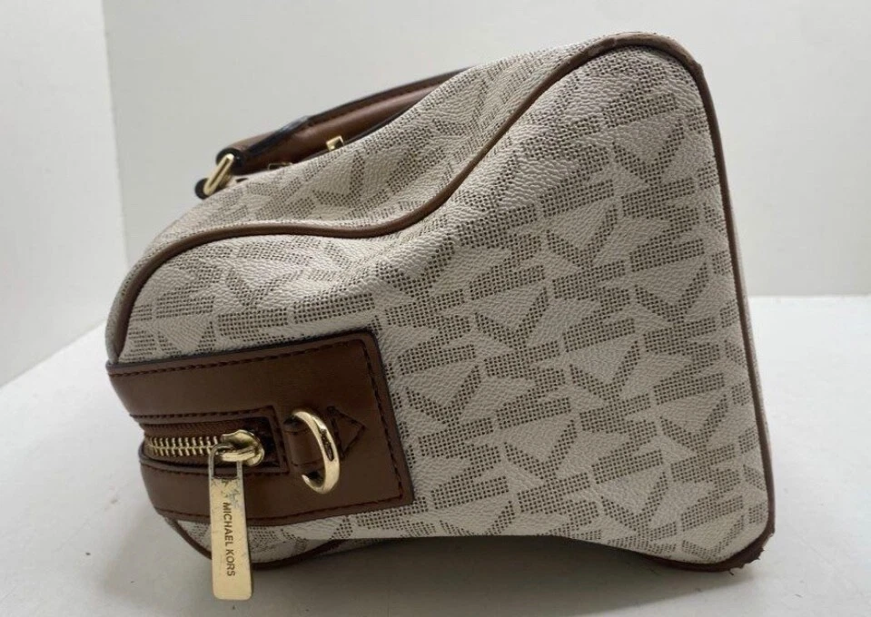 Michael Kors Vanilla PVC Bedford Travel Medium Logo Stripe Satchel Bag Purse - Image 2 of 4