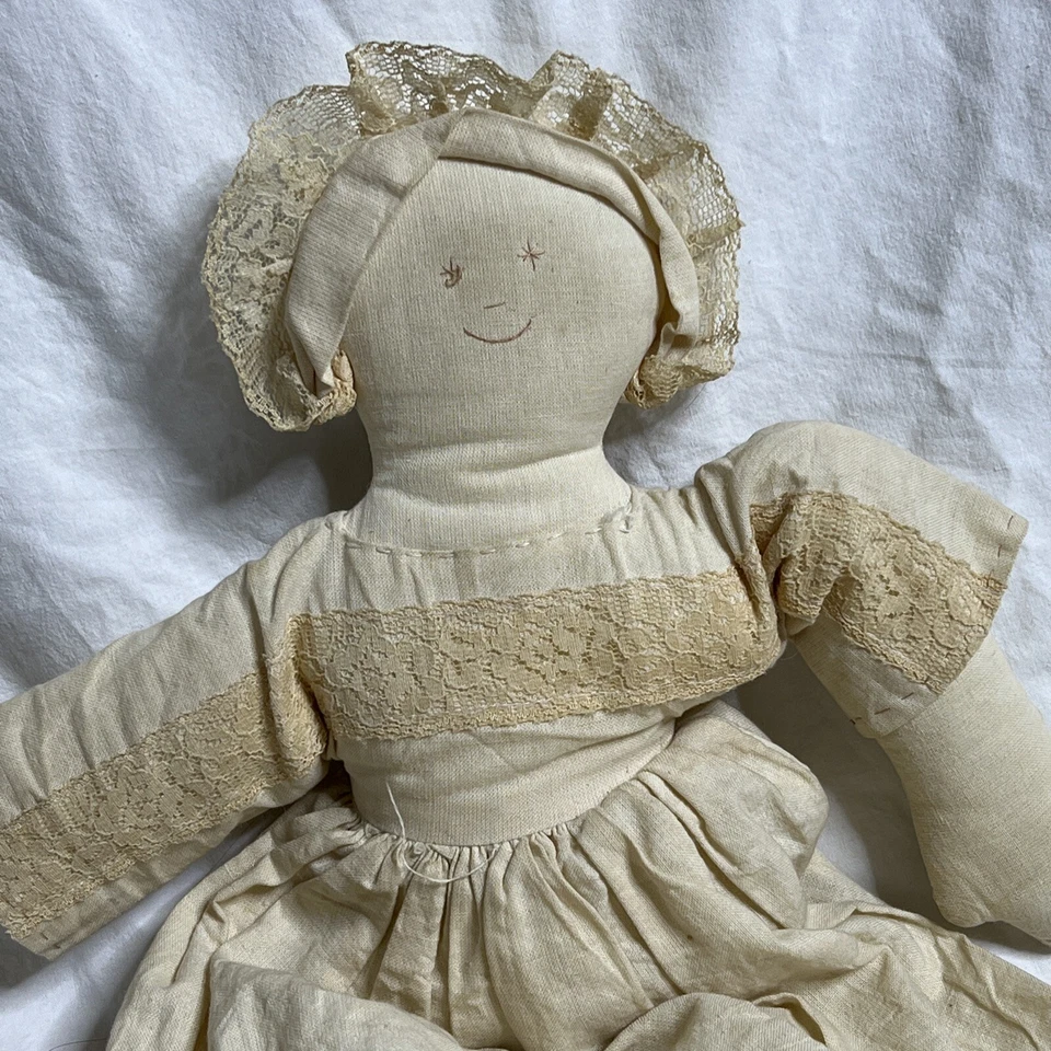 Primitive Rag Doll Cotton Lace Dress Hand Stitched Face Christmas 1880 On Body - Image 3 of 4