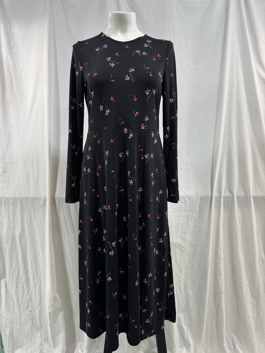 Banana Republic Women's Print Fit-And-Flare Dress Black Floral Regular Size L