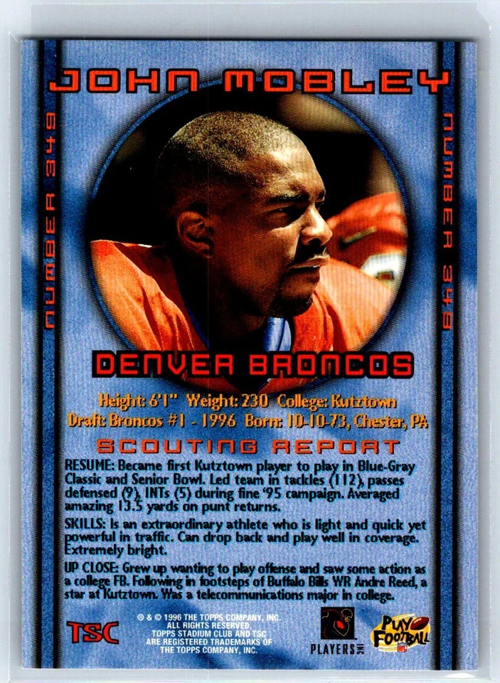 John Mobley 1996 Stadium Club #349 Football Card Denver Broncos - Image 2 of 2