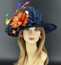 SF044 Navy Multi-colors Kentucky Derby, Church, Wedding Medium Brim Sinamay Hat