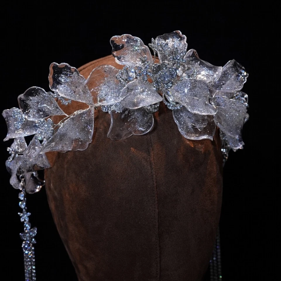 Flor Blanca Cristal Romántico Tiaras Novia Coronas Borla Larga Boda Tocado Foto 4 de 4