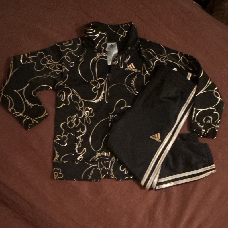 adidas Girls Size 4 2-Piece Tracksuit Set Black/Gold Graphic Full Zip