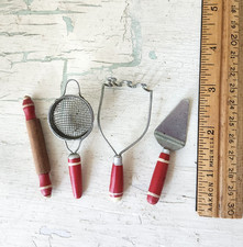 Lot Of 4 Vintage Toy Dollhouse Miniature Red Wood Handle Kitchen Tools Utensils