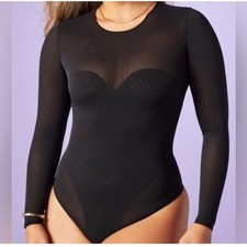 Yitty by Lizzo Black Mesh Long Sleeve Bodysuit Sweetheart Neckline Sheer Top XL