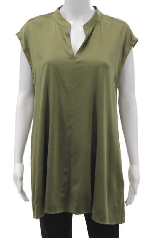 Eileen Fisher Womens Green Silk Tunic Blouse V-Neck Sleeveless Petite Size S