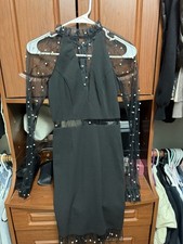 Fashion Nova Black Mesh Pearl Bodycon Dress XS Long Sleeve Knee Length Regular
