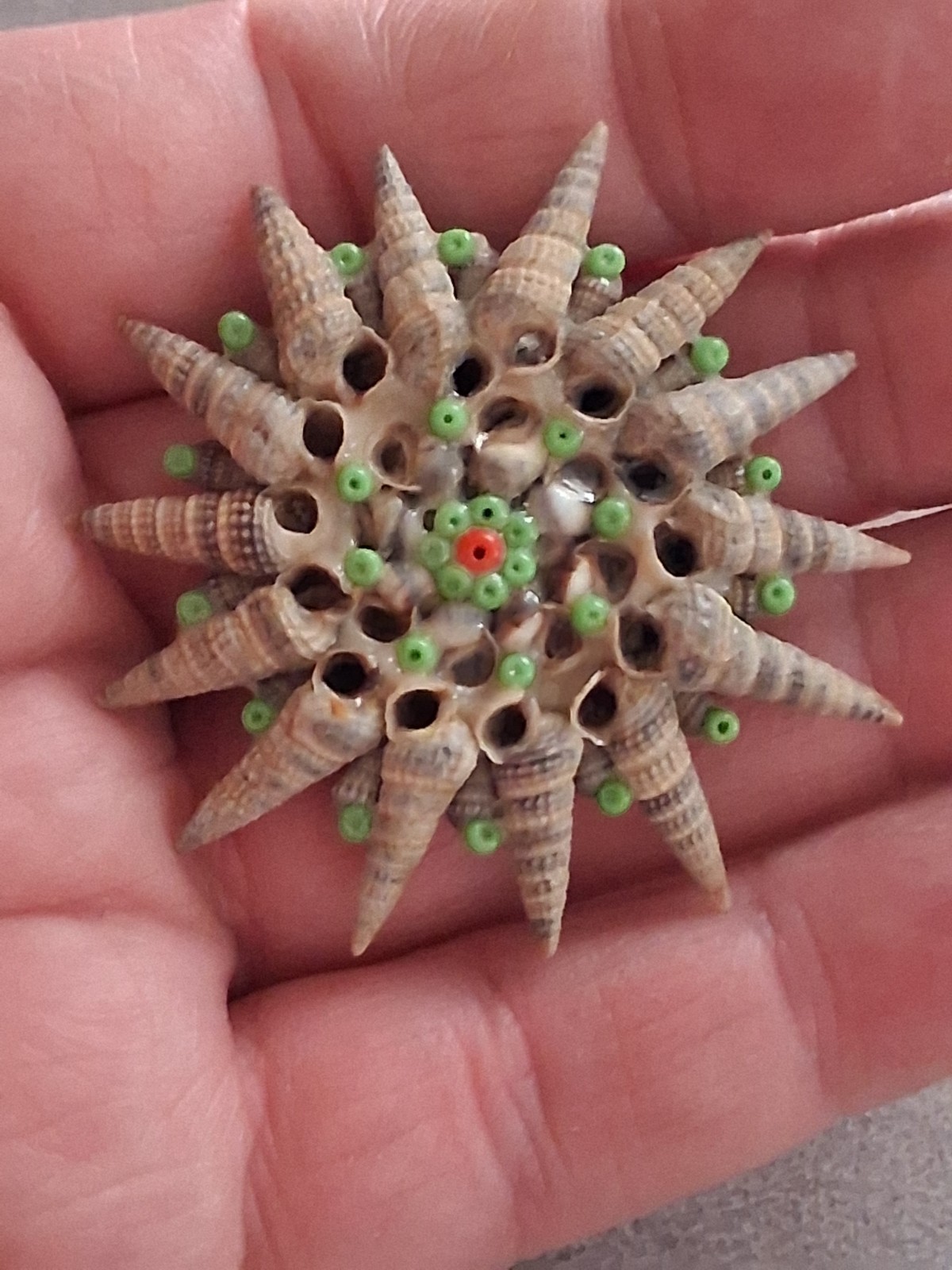 Handmade seashell brooch, starburst pattern, folk… - image 3