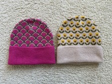 2PCS Zara Girls Kids Beanie Hat Set -Hot Pink  Beige - Winter Knit Cap Sz 10-14