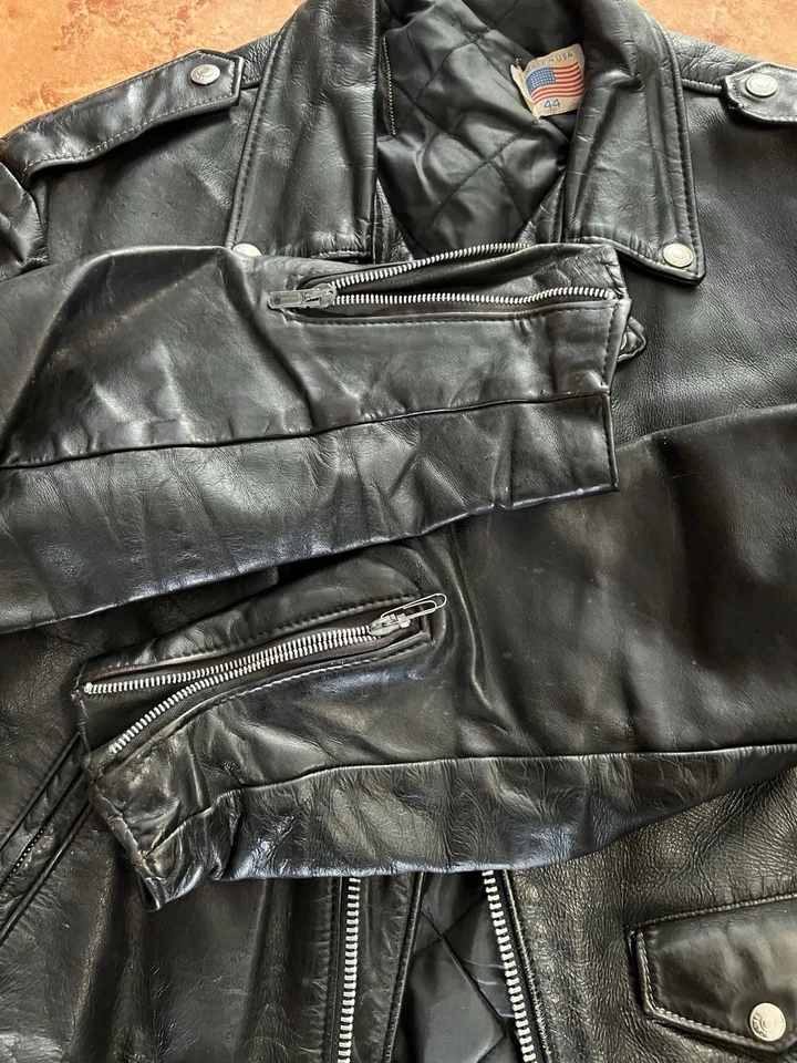 SCHOTT Perfecto Black Motorcycle Leather Jacket Vintage 44 Great Aged Patina - Imagen 4 de 4