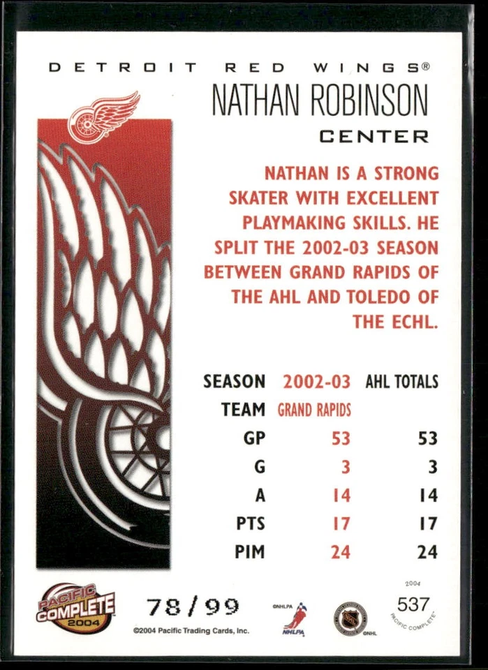 2003-04 Pacific Complete Red Nathan Robinson RC /99 #537 Detroit Red Wings - Image 2 of 2