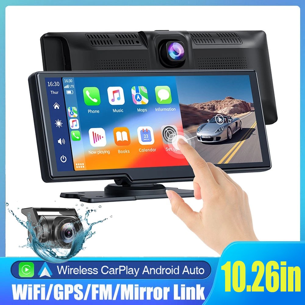 4K 10.26" Touch Dash Cam Wireless CarPlay W/GPS Car Recorder Android Auto AUX FM