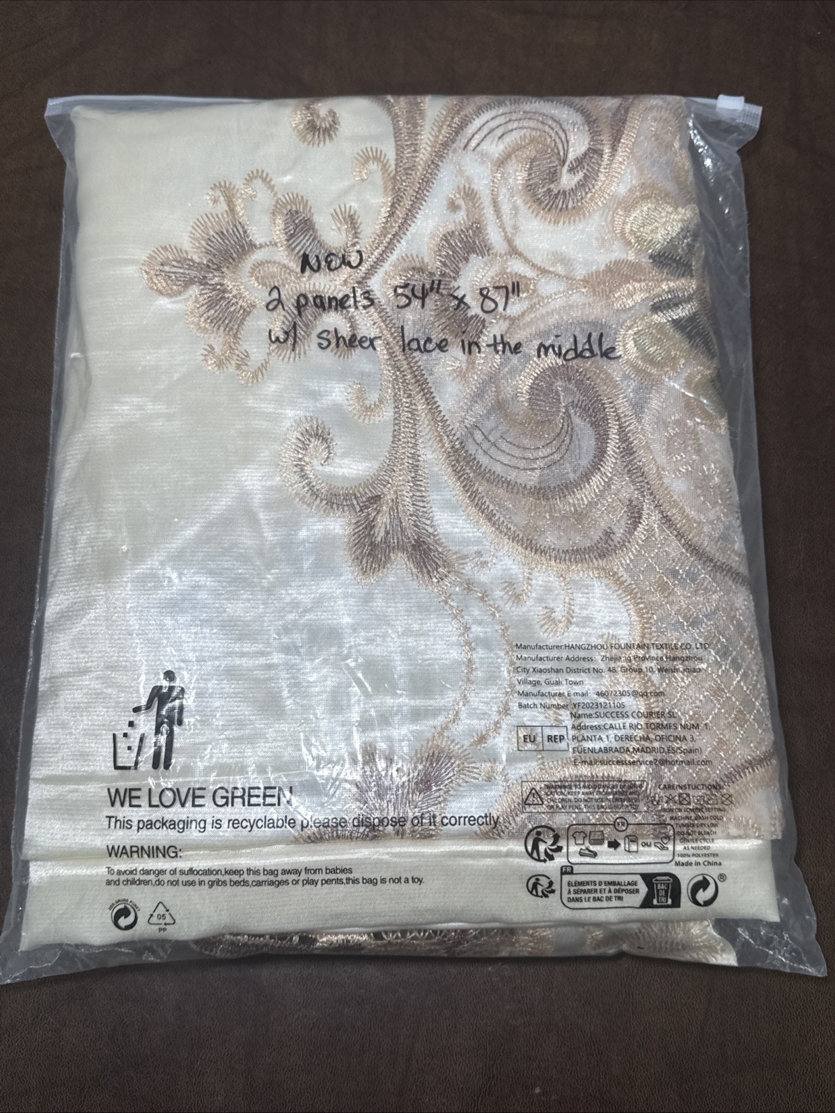 Pair (2) Curtain Panels Attached Valance Ivory Shimmer Satin Sheer Lace 54 X 87”