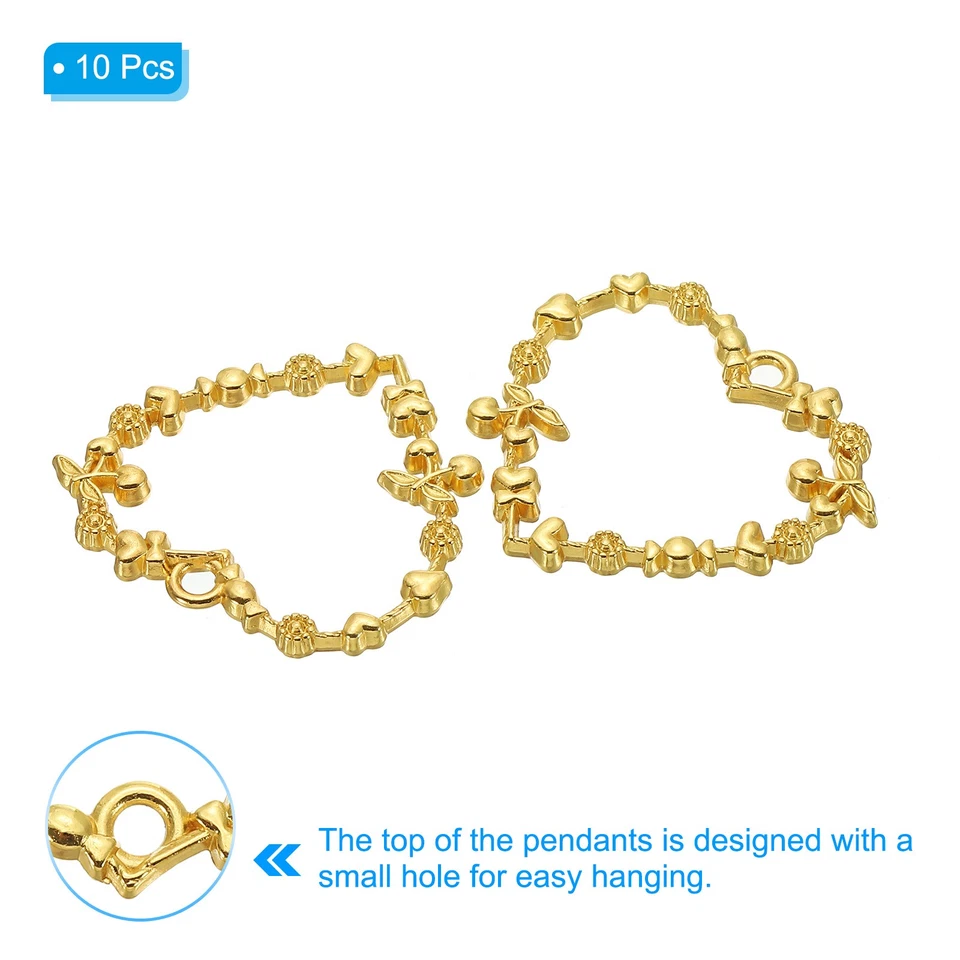 10Pcs Heart Flower Shape Alloy Open Back Bezel Pendants Resin Frame Gold Tone Foto 3 de 4