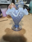 small 4" FENTON hobnail blue opelescent ruffled bud vase