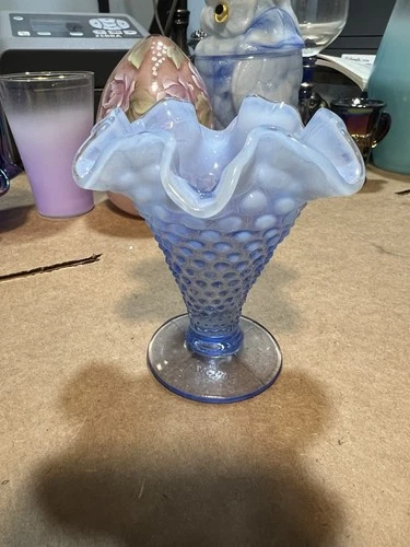 small 4" FENTON hobnail blue opelescent ruffled bud vase