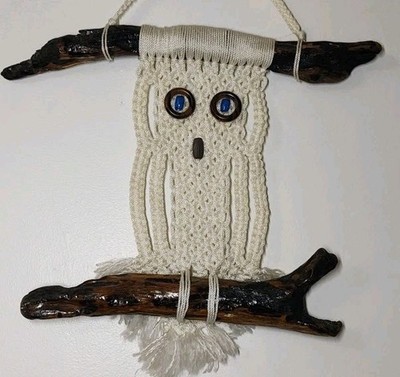 1970's Macrame Owl Wall Hanging Boho Chic Kitschy Decor Driftwood Folk Art