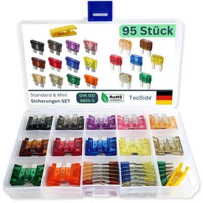 KFZ Sicherungen Set 95 Stück Box | Mini & Standard Flachsicherungen inkl. Zieher