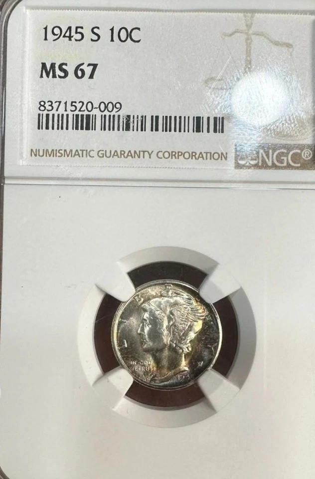 1945-S NGC MS67 - MERCURY DIME - NICELY TONED CX46 BU PRISTINE++ GEM FROM HOARD - Image 4 of 4