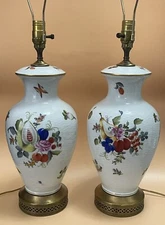 Pair Vintage Herend Fruit and Flowers Porcelain Table Lamps