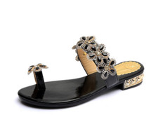 Womens Rhinestone Toe Ring Sandals Slide Flat Slipper Beach Slip On Summer Shoes