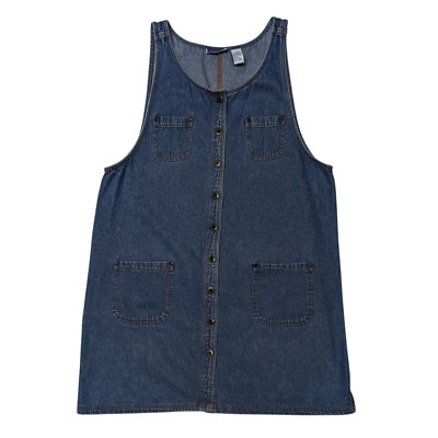 Vintage 90s Denim Blue Jean Jumper Dress XL Knee-Length Pockets Cottage Grunge