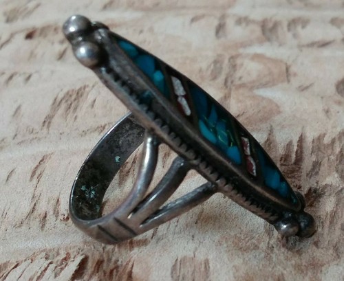 Vtg Southwestern Sterling Silver Ring Turquoise Inlay Size 5.5~6.5g~ 1 3/8" long - Picture 9 of 12