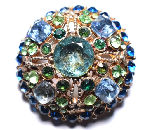 1940's-50's Brooch gold tone multi color brooch circle dome costume jewelry