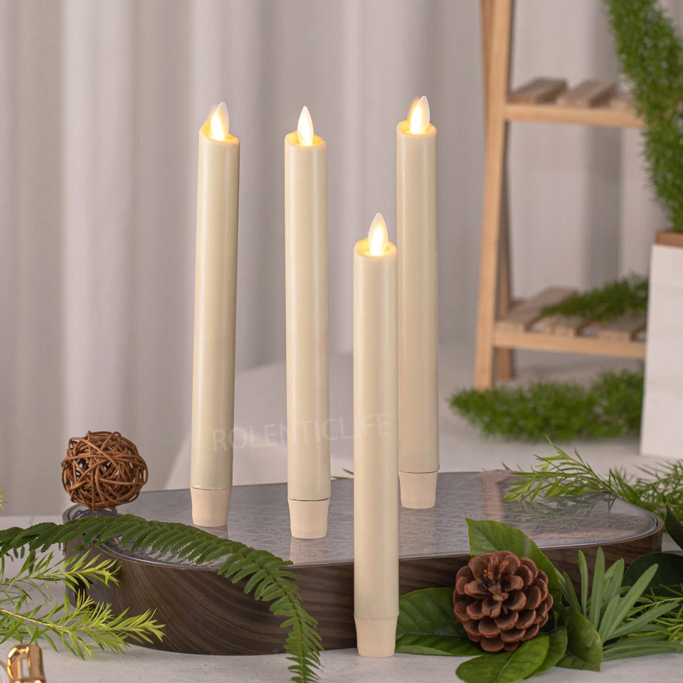 Juego de 4 velas cónicas a batería sin llama Luminara de 8" mecha móvil remota marfil Foto 2 de 4