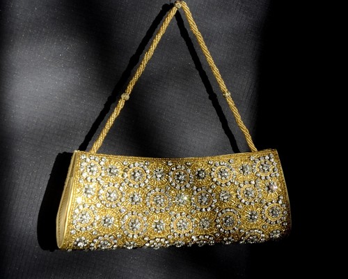 Vintage GOLD BEADED & DIAMANTE / JEWELLED CLUTCH/ OVER ARM EVENING BAG Small - Picture 9 of 11
